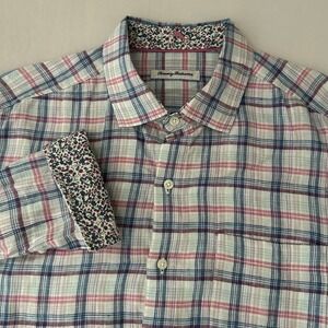 Tommy Bahama Mens Medium Blue Pink Plaid 100% Linen Button-Up Shirt Floral Cuffs